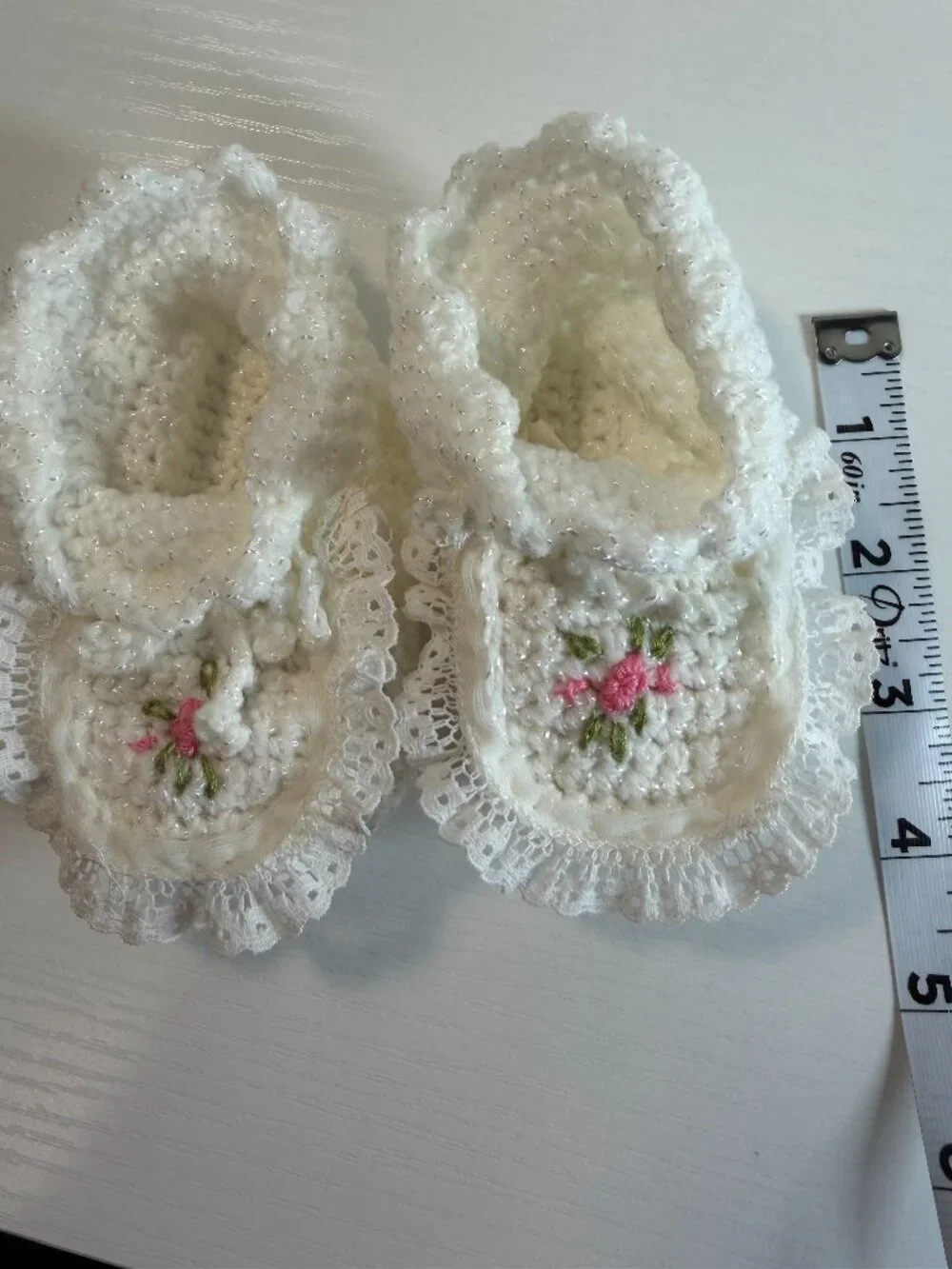 Vintage crochet baby booties, white with hand stitched pink flowers, homemade